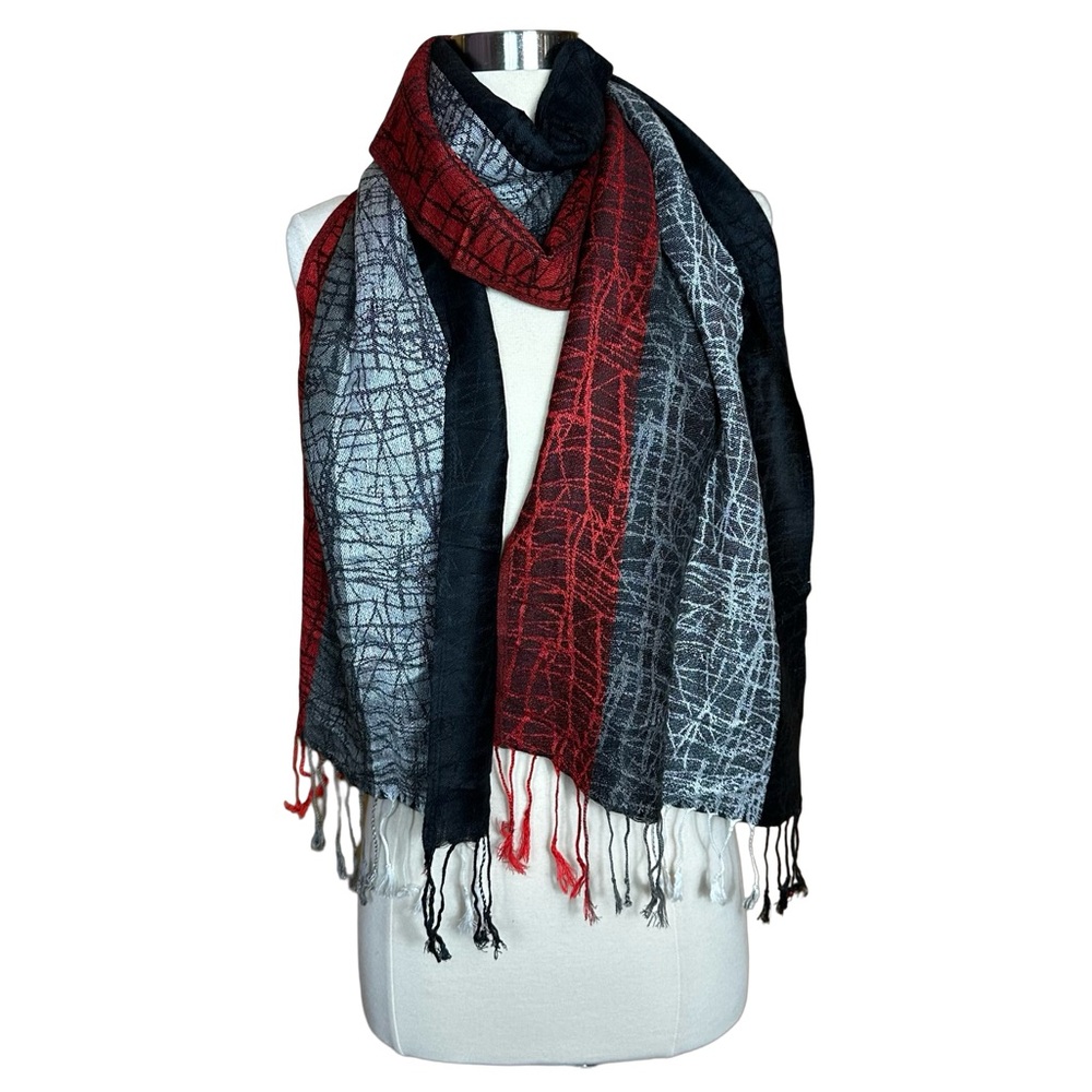 Fine Wool Silk Black Red Gray Winter Tassel Fringe Luxurious Soft Neck Scarf